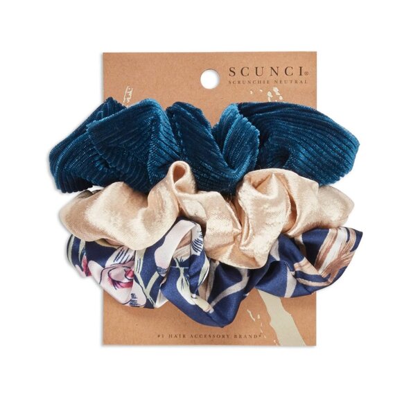 scunci Scrunchies 3pk Blue Print Gold Solid Teal Solid Damage Free 90s style - Picture 2 of 3